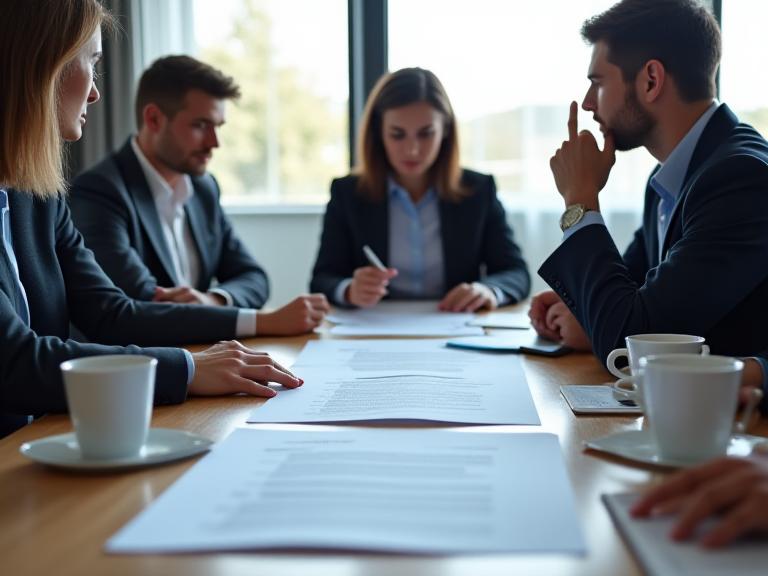 Business owners and advisers reviewing a disputed service agreement together at a quiet meeting table