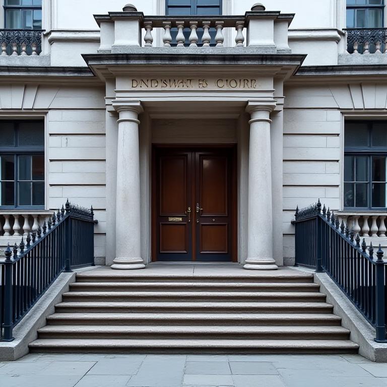 Stone entrance to a London magistrates' court with steps leading up to the public doors